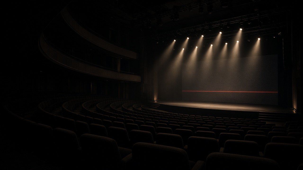 Product render of an empty concert theatre — seating, lighting truss, and a dark stage. Not a client project.