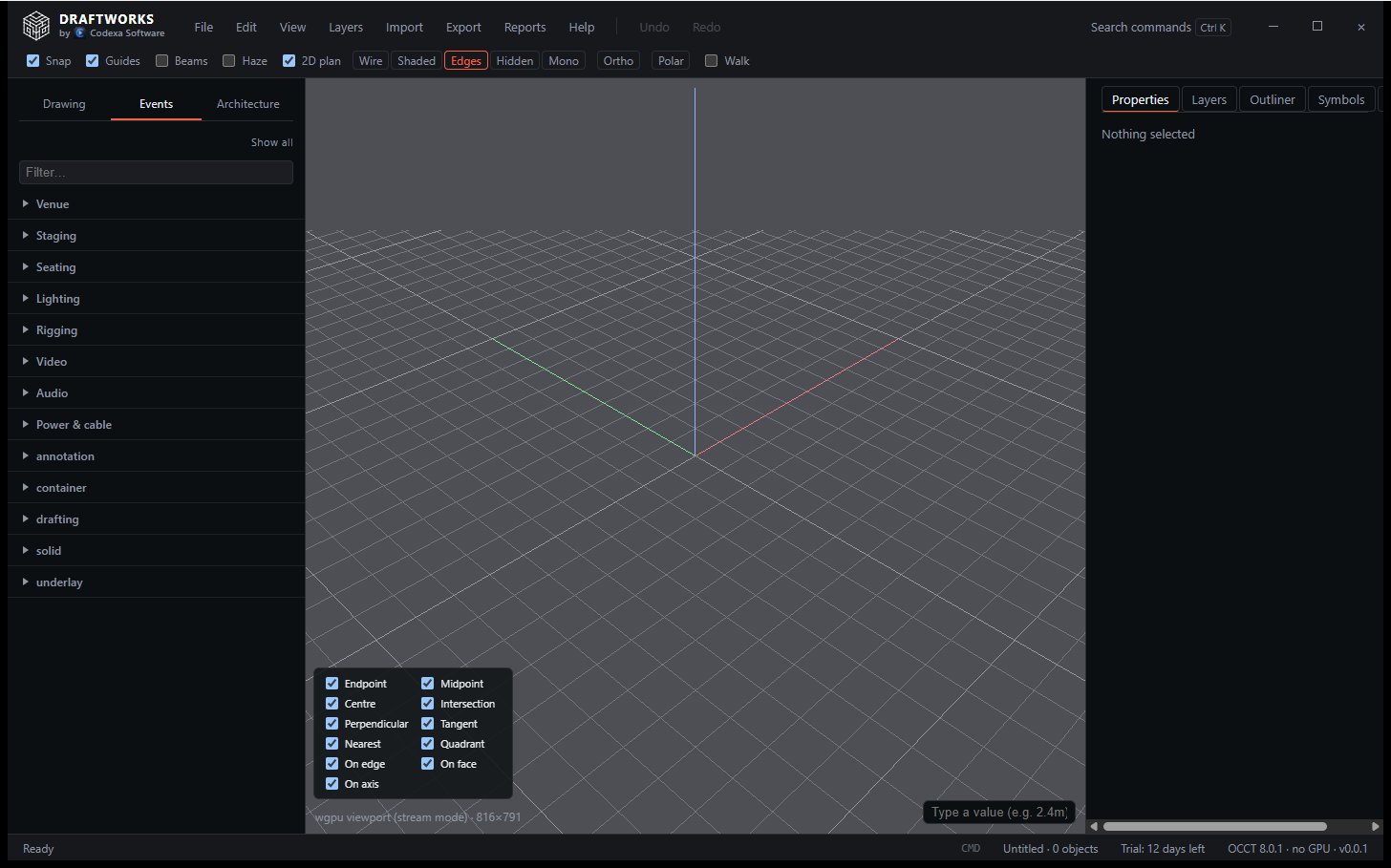 Real Draftworks window — Events tool groups beside the viewport