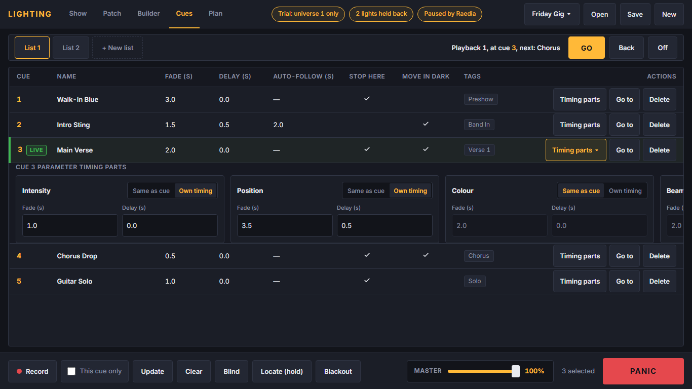 Cues screen of Raedia Lighting